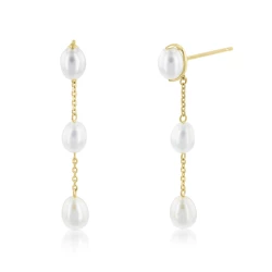 Yellow Gold Freshwater Pearl Chain Drop Earrings angled view