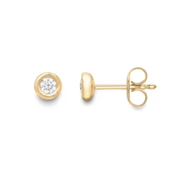 Yellow Gold Rubover Diamond Stud Earrings one front and one side view