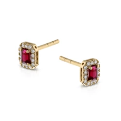 Yellow Gold Ruby & Diamond Cluster Stud Earrings Side earring post view