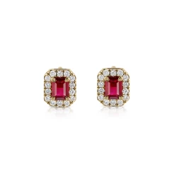 Yellow Gold Ruby & Diamond Cluster Stud Earrings