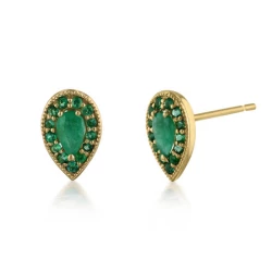Yellow Gold Teardrop Emerald Stud Earrings angled view
