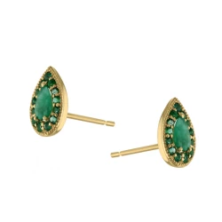 Yellow Gold Teardrop Emerald Stud Earrings side view
