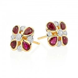 18ct Yellow Gold Ruby & Diamond Fancy Flower Earrings