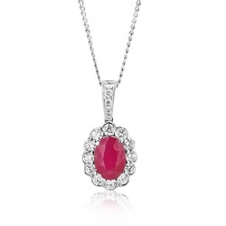 18ct White Gold Ruby & Diamond Oval Cluster Pendant