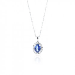 18ct White Gold Oval Sapphire & Diamond Cluster Style Pendant