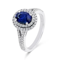 18ct White Gold 1.36ct Oval Sapphire & Double Halo Diamond Ring