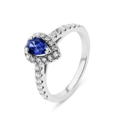 18ct White Gold Diamond & Pear Cut 0.66ct Sapphire Halo Ring