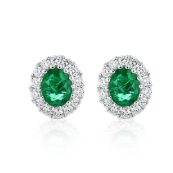 18ct White Gold 0.57ct Emerald & Diamond Oval Stud Earrings