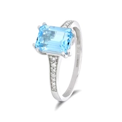 18ct White Gold Octagonal Blue Topaz & Diamond Ring