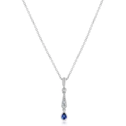 18ct White Gold Pear Cut Sapphire & Diamond Tapered Bar Necklace