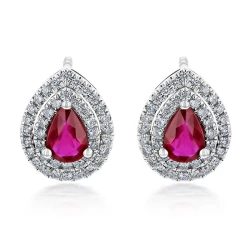 18ct White Gold Pear Ruby & Diamond Double Halo Design Stud Earrings