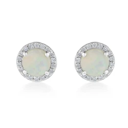 18ct Yellow & White Gold Round Opal & Diamond Cluster Design Stud Earrings