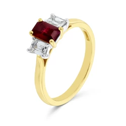 18ct Yellow Gold 0.73ct Emerald Cut Ruby & Diamond Trilogy Ring
