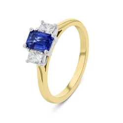 18ct Yellow Gold 0.68ct Emerald Cut Sapphire & Diamond Trilogy Ring