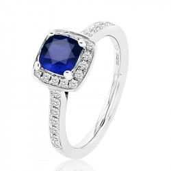 18ct White Gold 1.21ct Sapphire & Diamond Cushion Halo Ring