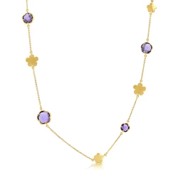 9ct Yellow Gold 18" Alternating Plain & Amethyst Flower Necklace