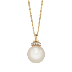 9ct Yellow Gold Round Freshwater Pearl & Diamond Top Pendant Necklace