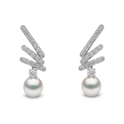 Yoko London Sleek Collection 18ct White Gold Akoya Pearl & Diamond Bars Drop Style Earrings