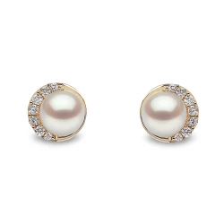 Yoko London Trend 18ct Yellow Gold Freshwater Pearl & Diamond Curve Stud Earrings