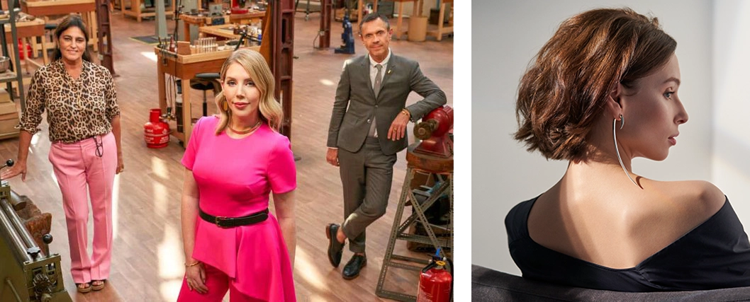 Image Left Hand side: All that Glitters, the BBC show hosted by Katherine Ryan alongside judges Shaun Leane and Solange Azagury-Partridge. Image Right Hand Side: Shaun Leane Silver Large Hook Earrings