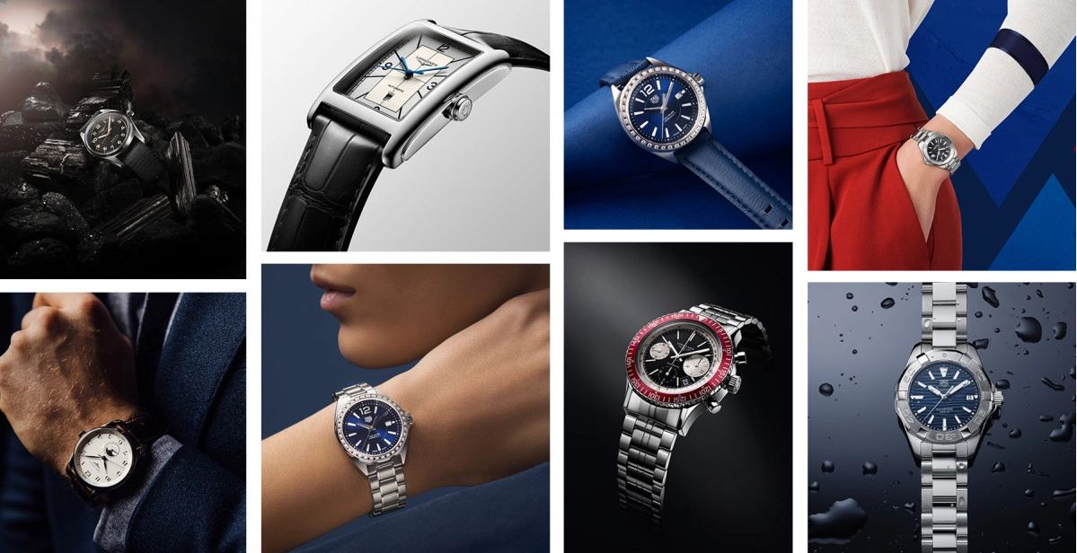 A collection of watches across various brands such as Longines and Tag Heuer.