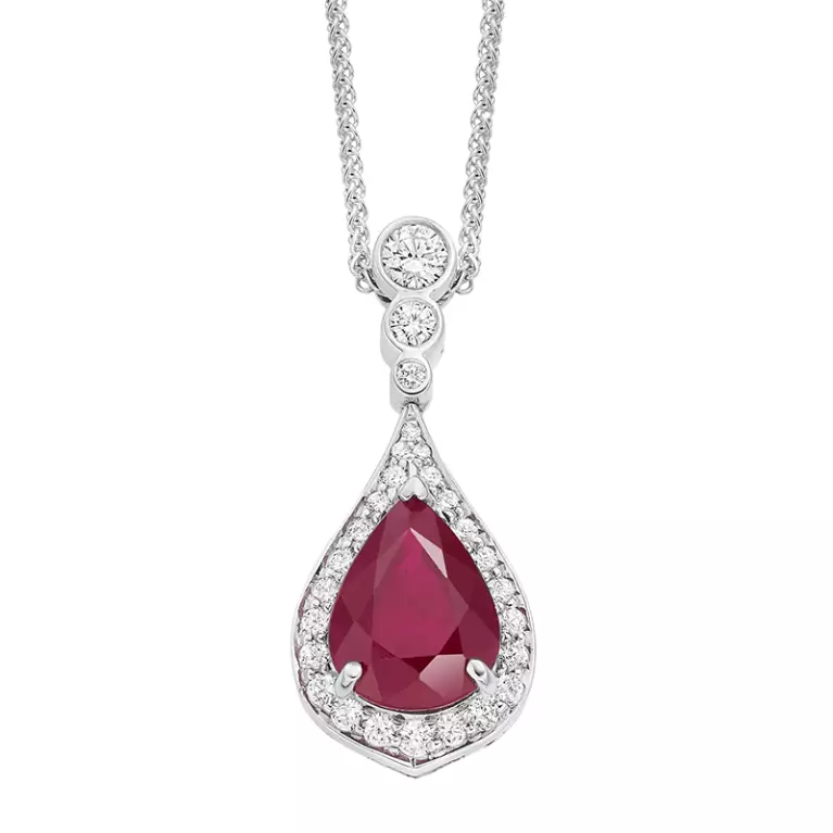 18ct White Gold Ruby & Diamond Pear Shaped Pendant
