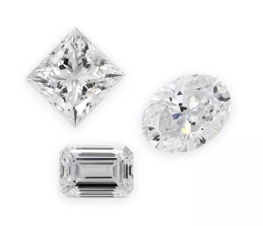 Examples of lab grown diamonds cut in to an emerald cut, an oval cut and a princess cut.