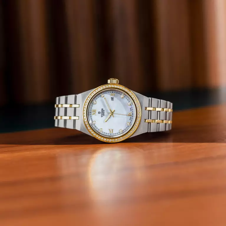 The TUDOR Royal Mother-of-pearl steel and gold with diamond bezel.