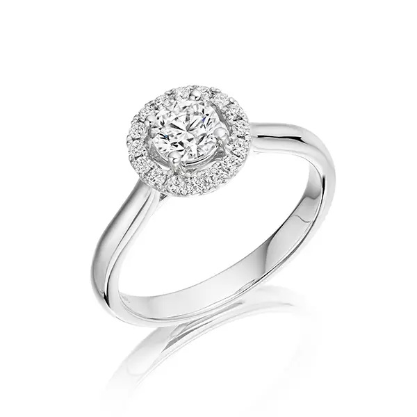 White gold and diamond halo engagement ring - click to view our full range of halo style engagement rings
