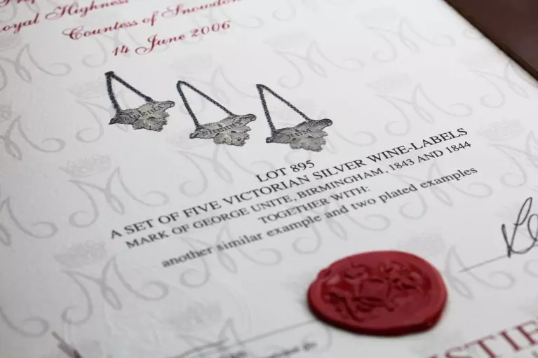 Wine labels certification from Kensington Palace