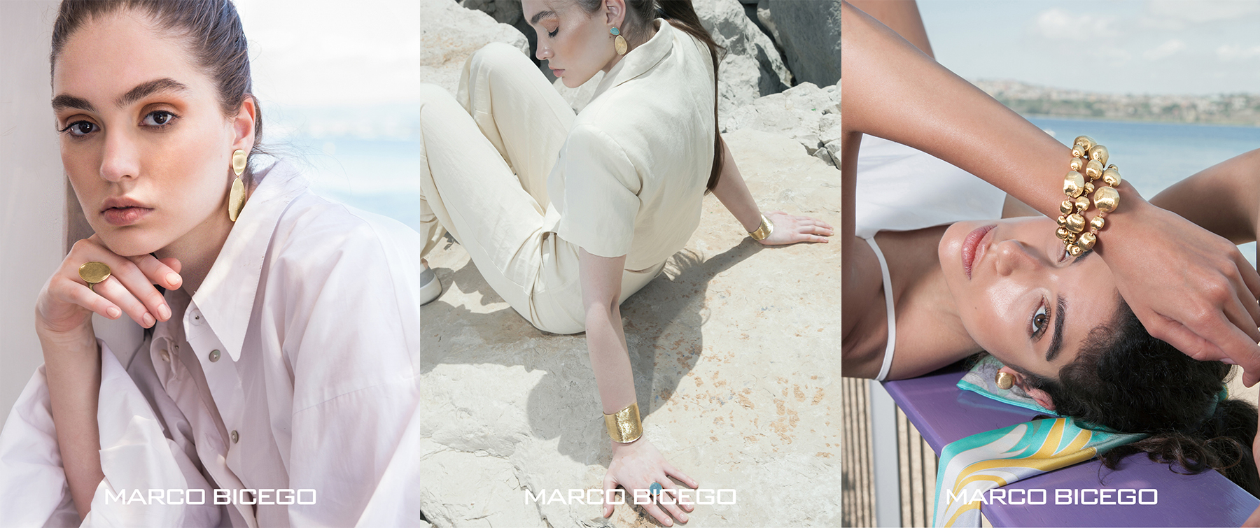 Three images of Marco Bicego jewellery being modelled