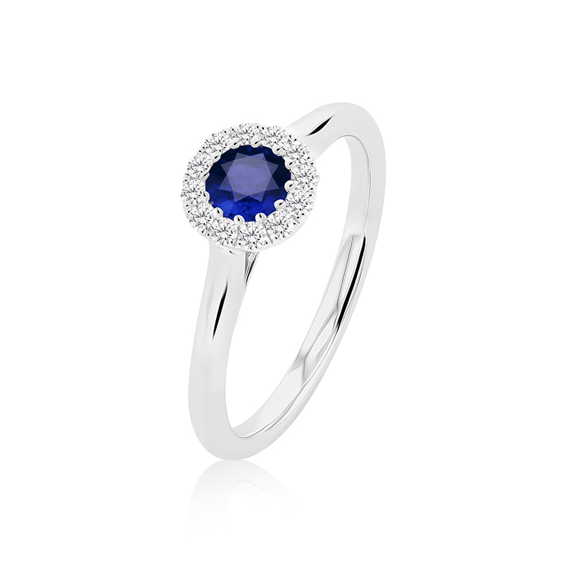 18ct White Gold Sapphire & Diamond Round Halo Ring