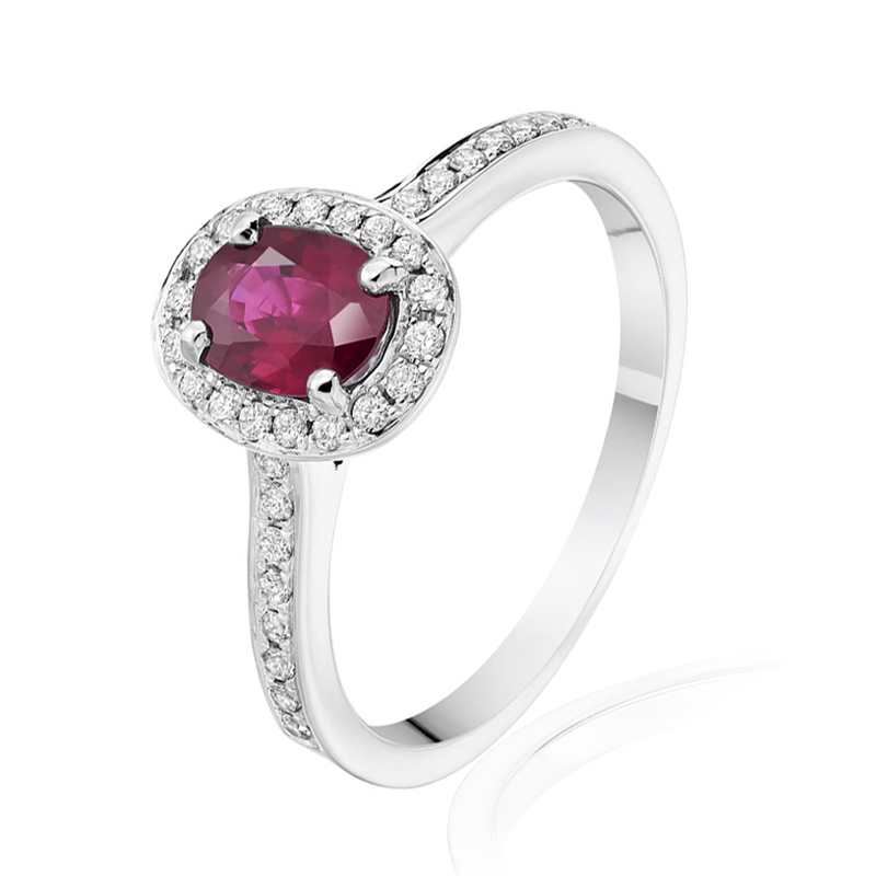 18ct White Gold Oval Ruby & Diamond Halo Ring