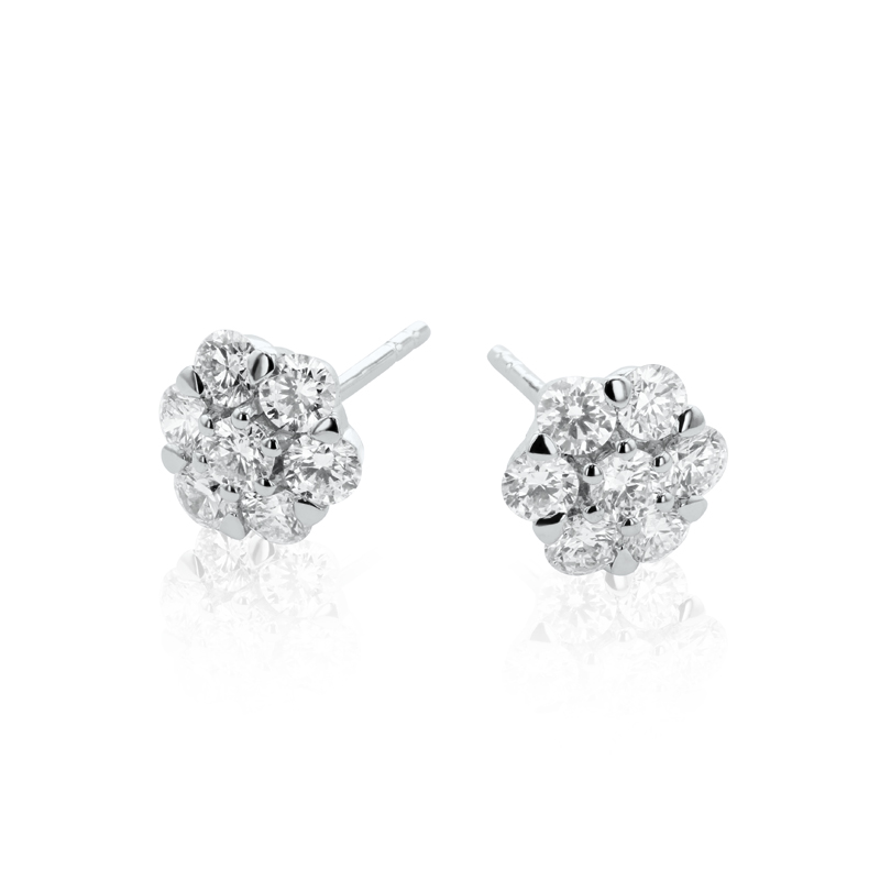 18ct White Gold & Diamond Flower Cluster Earrings - 0.81ct