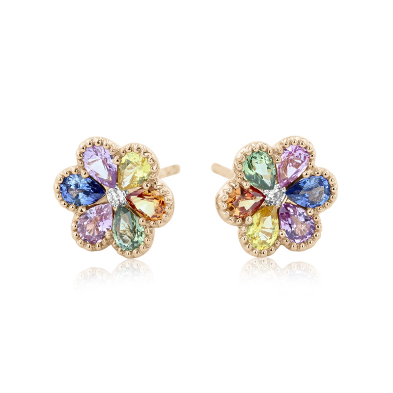 18ct Rose Gold Multi-Coloured Sapphire Flower Stud Earrings