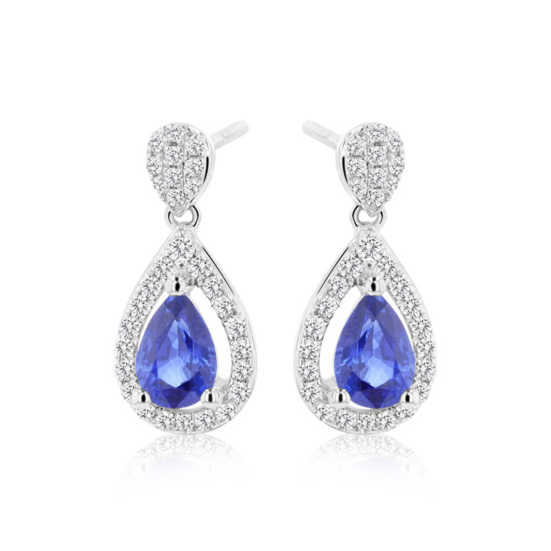 18ct White Gold Sapphire & Diamond Pear Cluster Drop Earrings