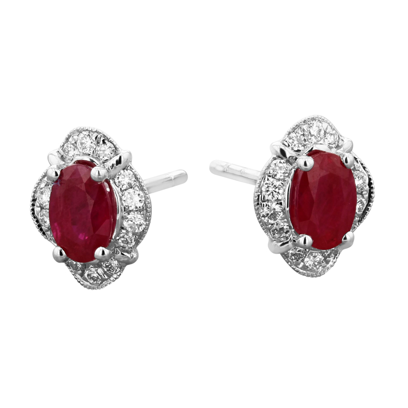 18ct White Gold Ruby & Diamond Victorian style Cluster Earrings