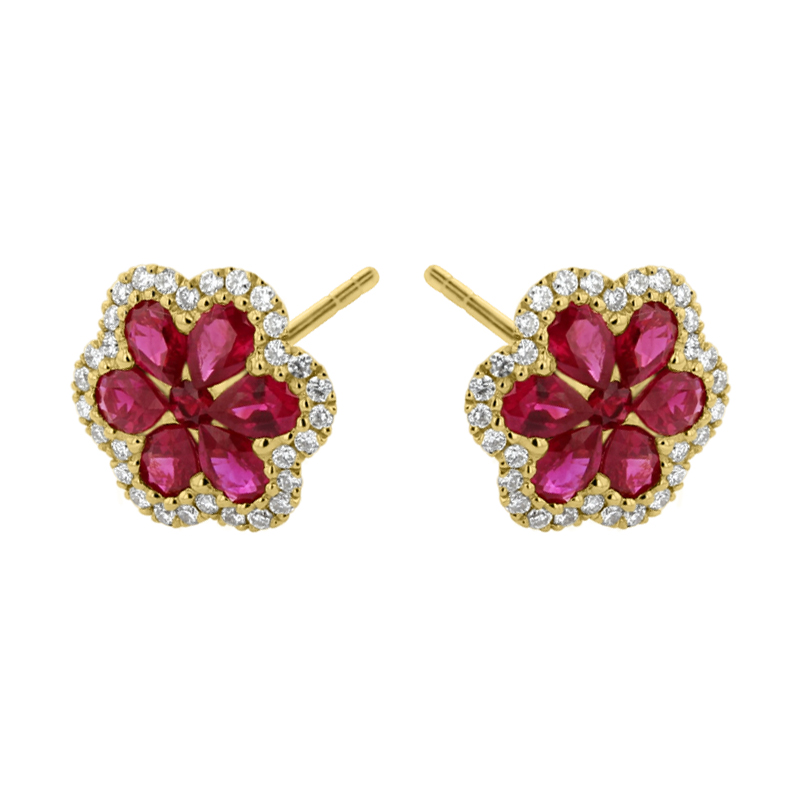 18ct Yellow Gold Ruby & Diamond Flower Cluster Earrings