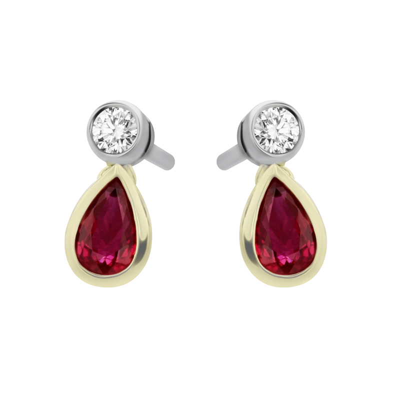 18ct Yellow Gold Ruby & Diamond Pear Rub Over Earrings