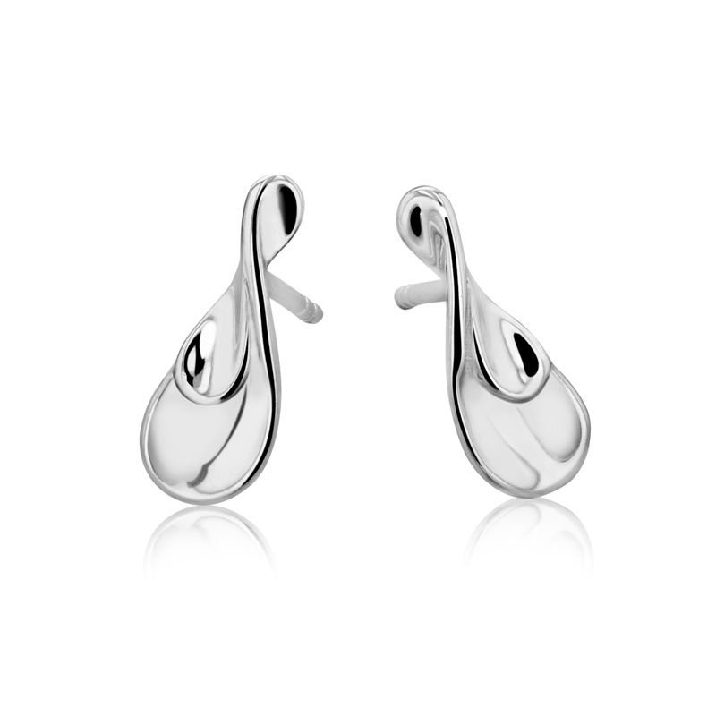 Silver Double Concave Tear Shaped Stud Earrings