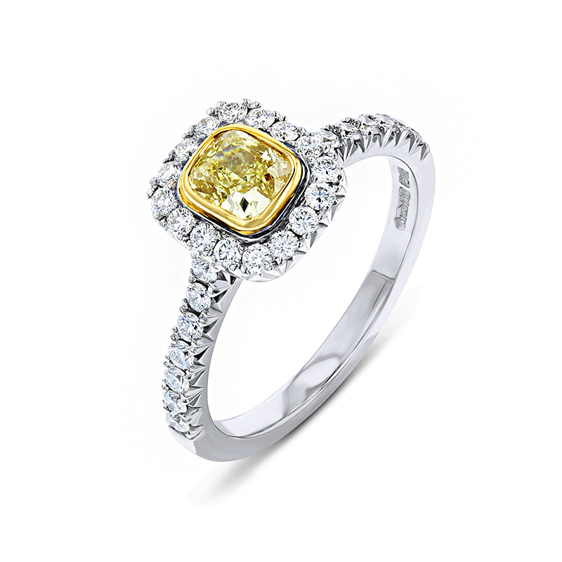 Platinum Yellow & White Diamond Halo Style Ring
