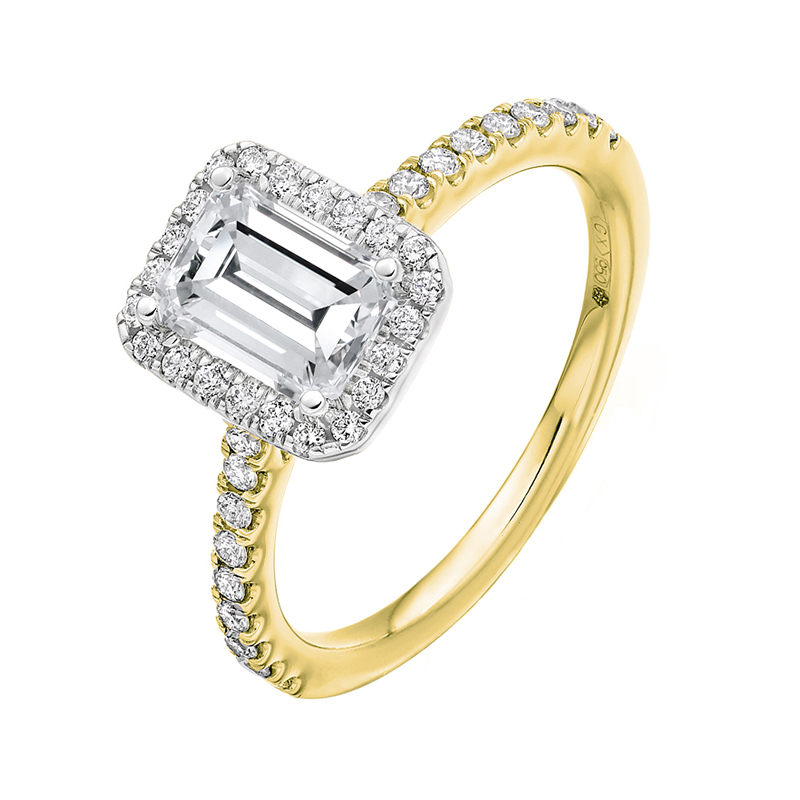 18ct Yellow Gold Emerald Cut Halo Style Engagement Ring - 1.00ct