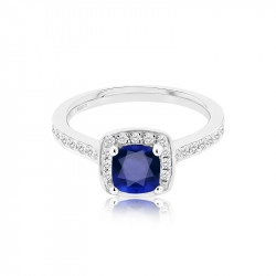 18ct White Gold Sapphire & Diamond Cushion Halo Style Ring