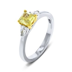 Platinum Fancy Yellow Radiant Diamond & Pear Cut Diamond Trilogy Style Ring
