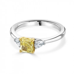 Platinum Fancy Yellow Radiant Diamond & Pear Cut Diamond Trilogy Style Ring