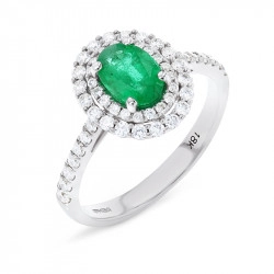 18ct White Gold Oval Emerald & Diamond Double Halo Style Ring