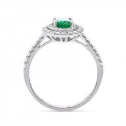 18ct White Gold Oval Emerald & Diamond Double Halo Style Ring