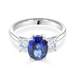 Platinum Oval Sapphire & Oval Cut Diamond Three Stone Ring
