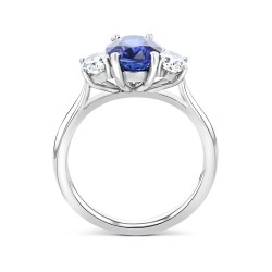 Platinum Oval Sapphire & Oval Cut Diamond Three Stone Ring
