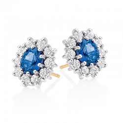 18ct Gold Oval Sapphire & Diamond Cluster Stud Earrings